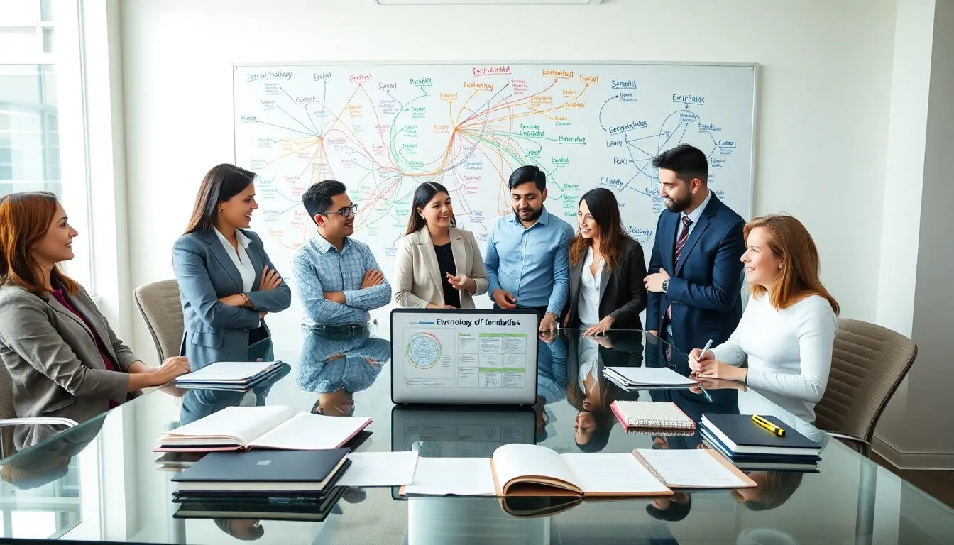 diverse linguists collaborating in a modern office on language analysis.